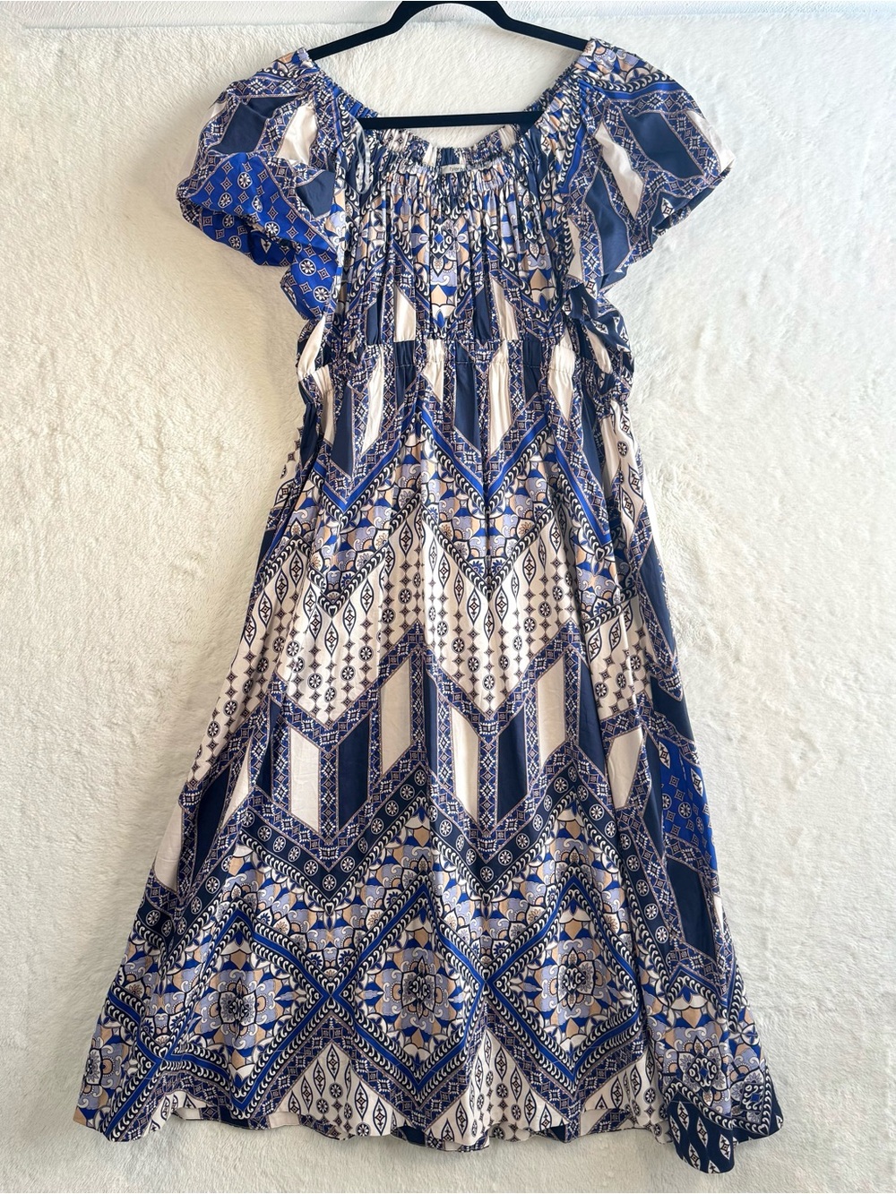 Tyler Boe Hailey Midi Dress Women’s Large Blue Geometric Pockets Feminine Boho